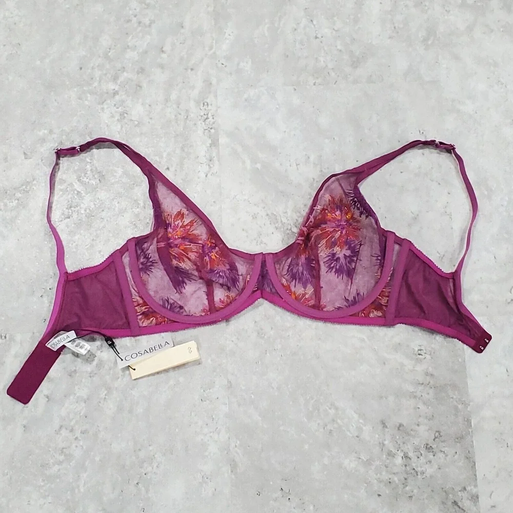 Cosabella Maasai Underwire Bra Pink Purple Floral Lace Mesh 34F NEW‎ W/ TAGS